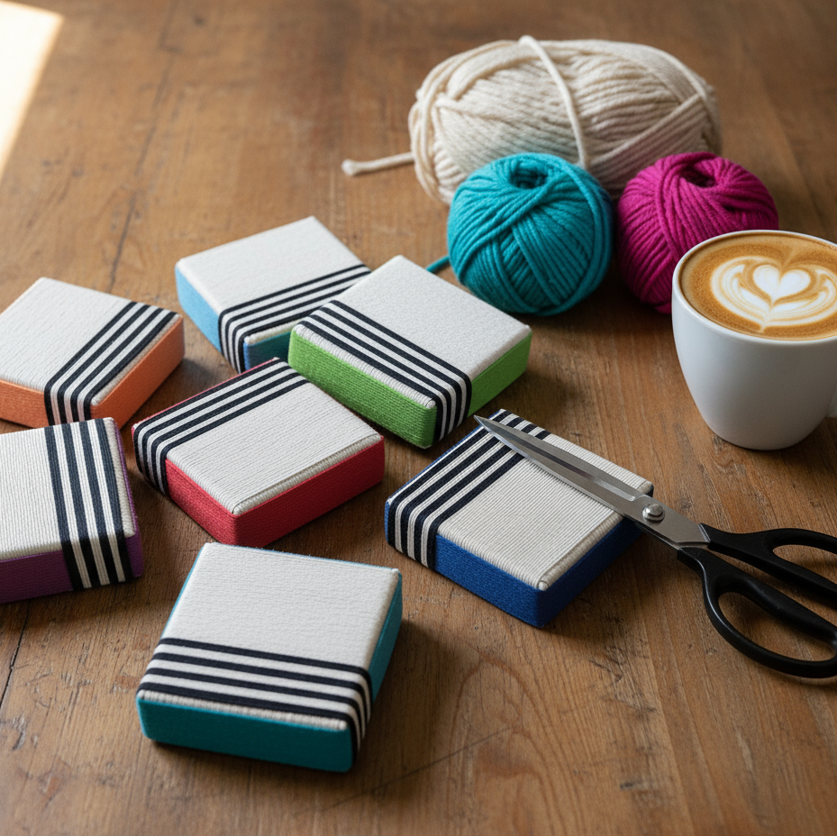 Square textile artwork. Brightly coloured edge with stripe pattern and cream front. 