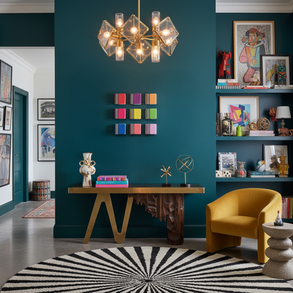 Small colourful artwork on teal living room wall. 