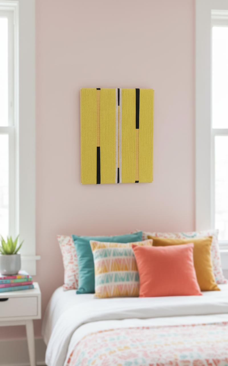 Teenager bedroom with yellow abstract textile art on wall.