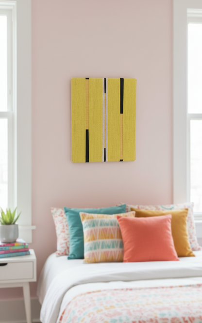 Teenager bedroom with yellow abstract textile art on wall.