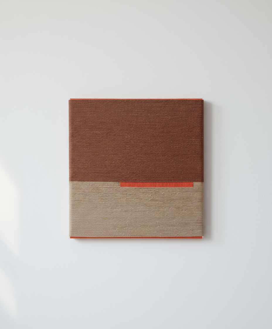 Square textile art in autum colours on a white background. 