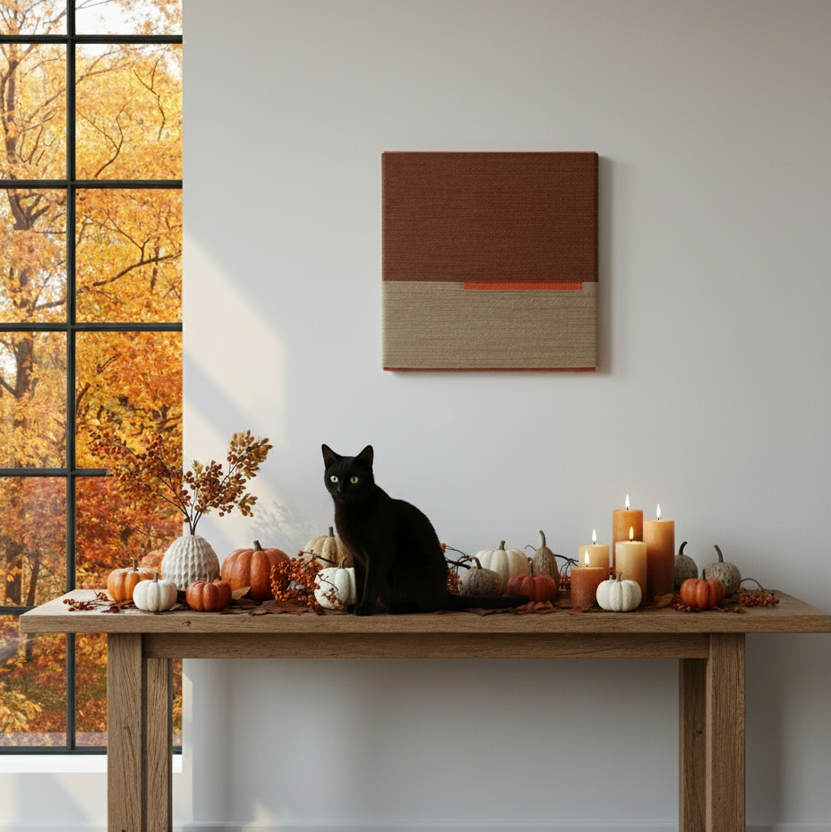 Black cat sitting on a wooden table with autumn decorations. Textile art in autumn colours.
