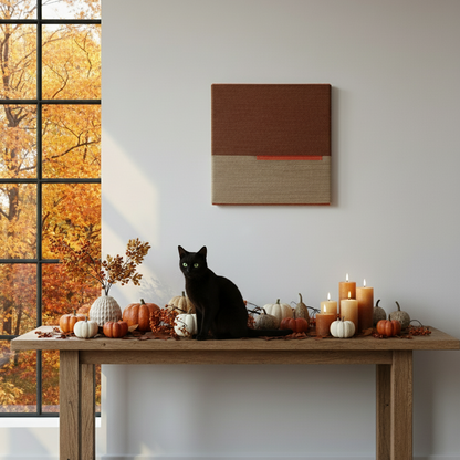 Black cat sitting on a wooden table with autumn decorations. Textile art in autumn colours.