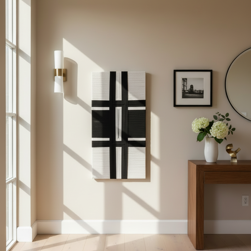 Modern interior with a black and cream abstract textile art, a vase with flowers, and a mirror on a beige wall.