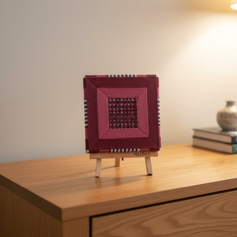 A square textile art. Dark red and light blue