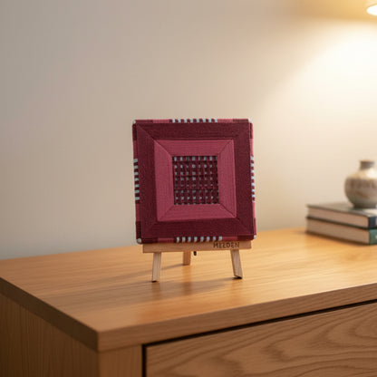 A square textile art. Dark red and light blue